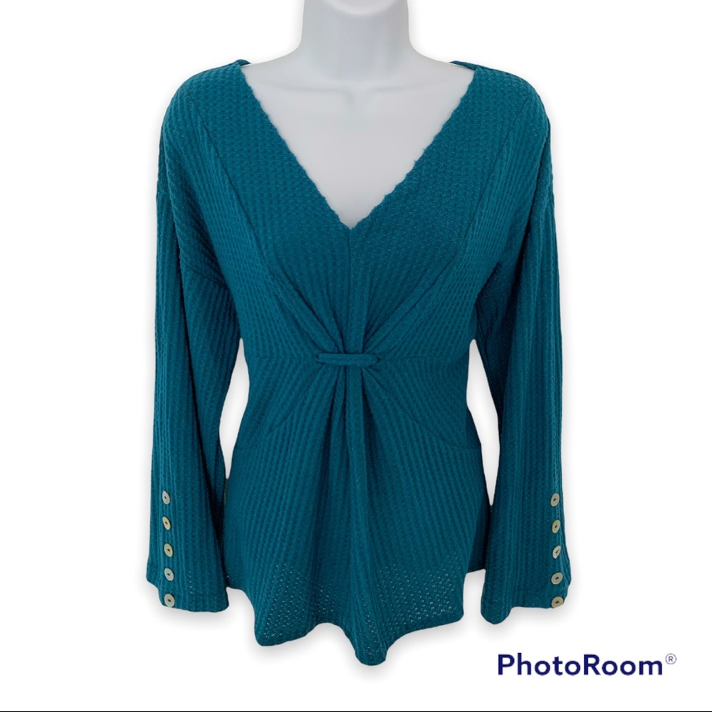 BELL SLEEVE V Neck Teal Knit Top Size LP